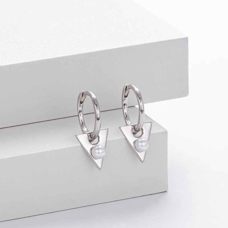 TrustDavis 925 Sterling Silver Women's Fashion Sweet Geometric Triangle Pearl Hoop Earrings for Women Girls Jewelry Gift DS4325