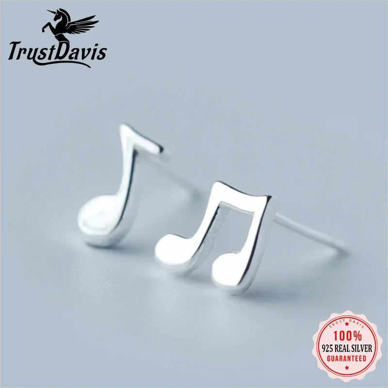 TrustDavis Real 925 Sterling Silver Women's Jewelry Fashion Small Music Note Stud Earrings Gift For Girls Kid Lady Women DS433