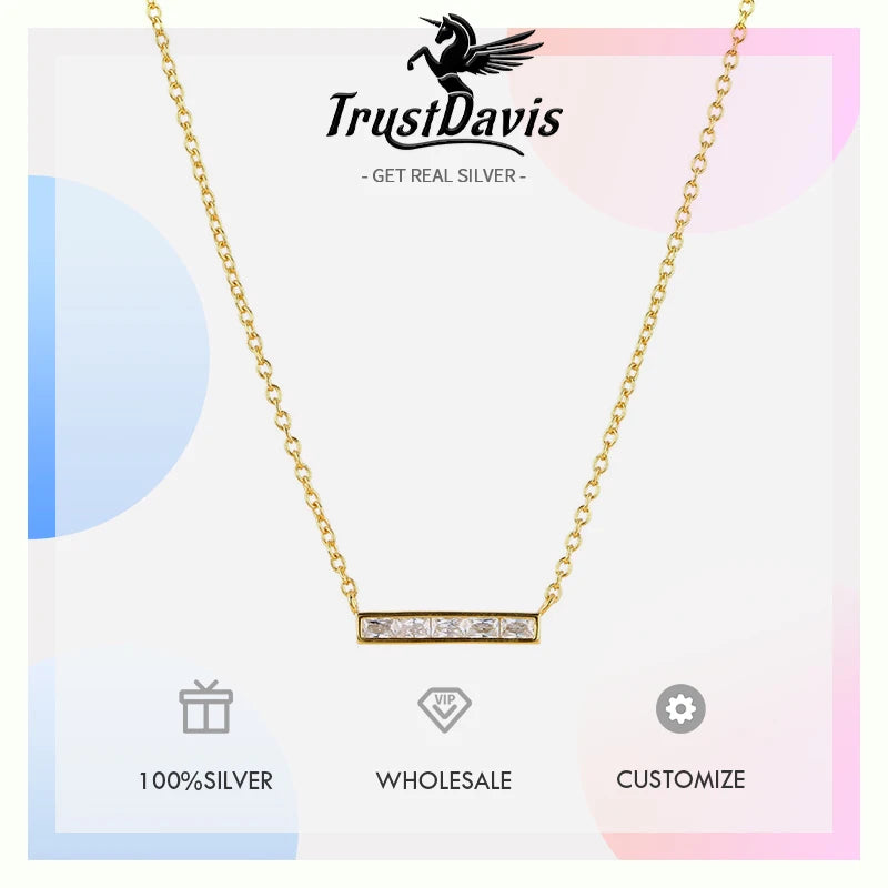 TrustDavis Real 925 Sterling Silver Women's Fashion Simple Square Bar with Zircon Necklace for Women Girls Gift Jewelry DS4234