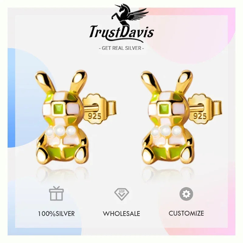 TrustDavis New 925 Sterling Silver Sweet Cute Rabbit Stud Earrings for Women Silver 925 Earrings Jewelry Gift DA3230