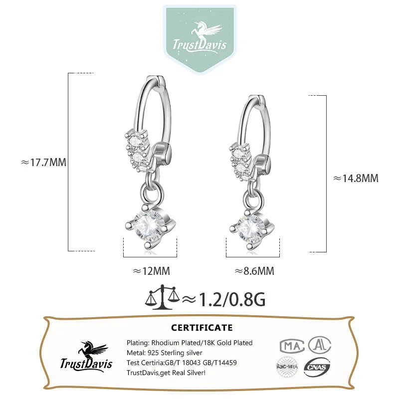 TrustDavis Real 925 Sterling Silver Simple square zircon Hoop Earrings For Daughter Girls Birthday Gift Fine Jewelry DS4128