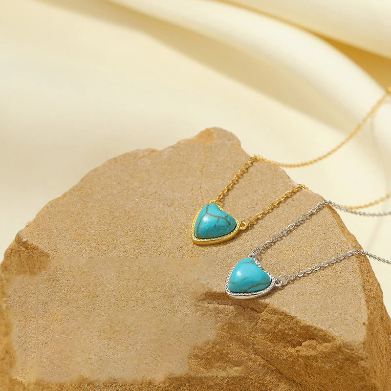TrustDavis 925 Sterling Silver Women's Fashion Simple Turquoise Heart Pendant Necklace for Women Girls Jewelry Gift DS4427