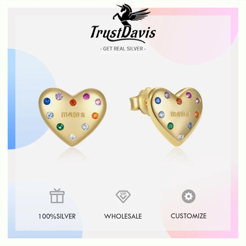 TrustDavis 925 Sterling Silver Women's Fashion Simple Heart-shaped Colored Zircon Earrings for Women Girls Jewelry Gift DS4693