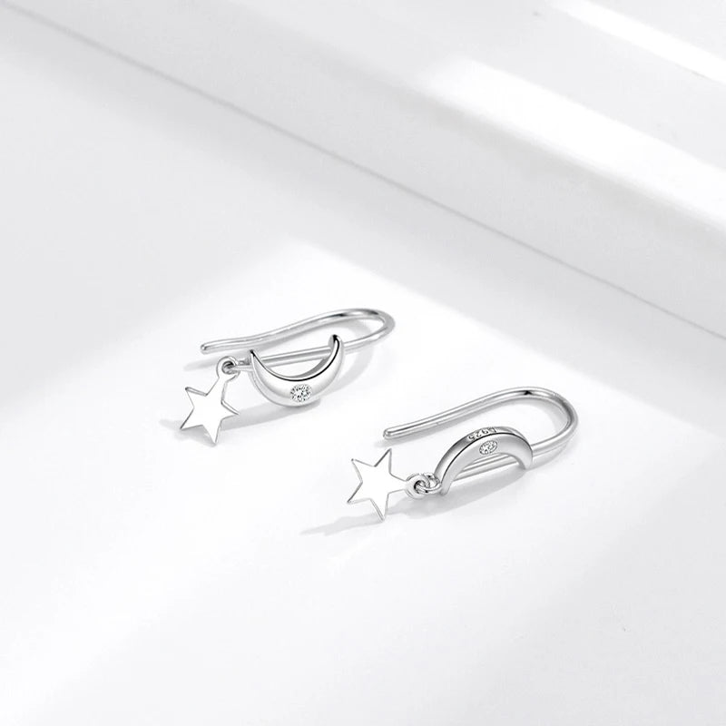 TrustDavis 925 Sterling Silver Women's Fashion Simple Star and Moon Tassel Earrings for Women Girls Jewelry Gift DS4267