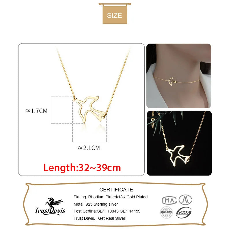 Trustdavis Real 925 Sterling Silver Fashion Gold Hollow Birds Clavicle Chain Necklace For Women Wedding Party Jewelry DA2705