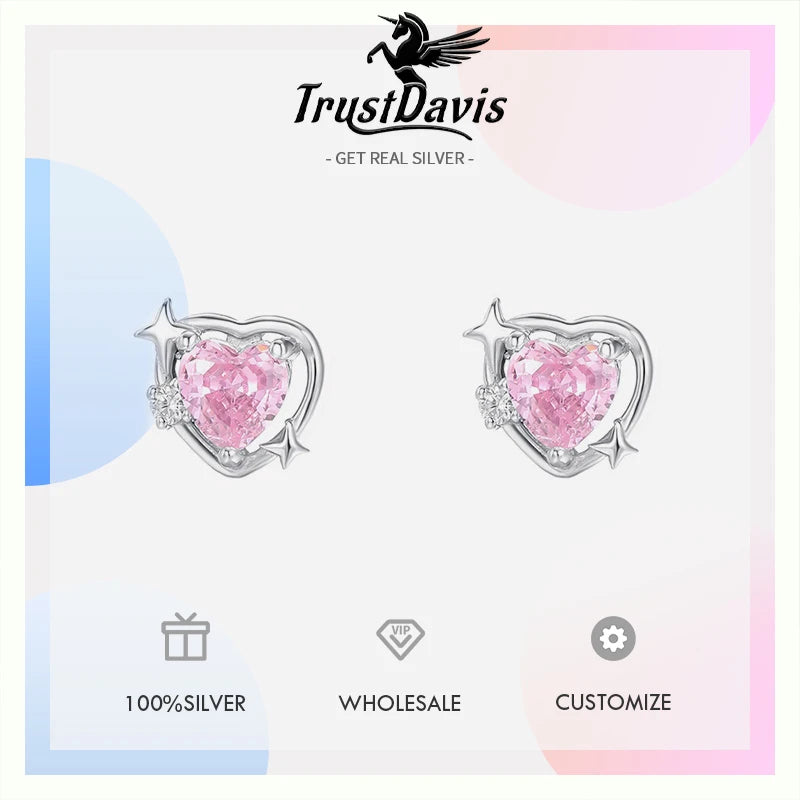 TrustDavis Real 925 Sterling Silver Heart Shaped Earrings Four-pointed Star Heart Zircon Earrings for Women Gift Jewelry DS4205