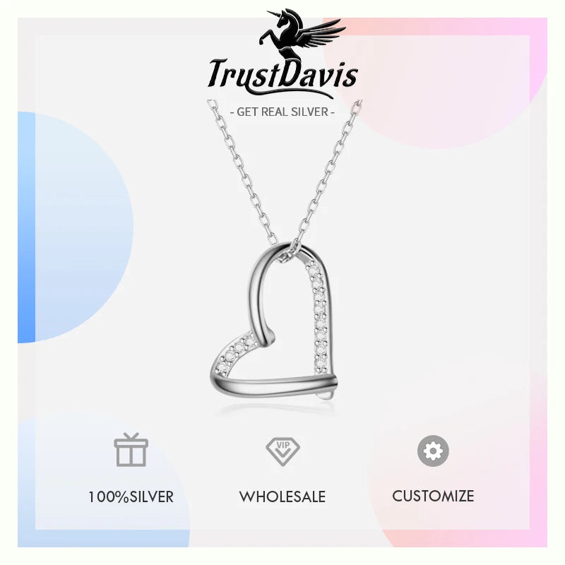 Real 925 Sterling Silver Romantic Heart Shiny Pendant Clavicle Necklace DS1098