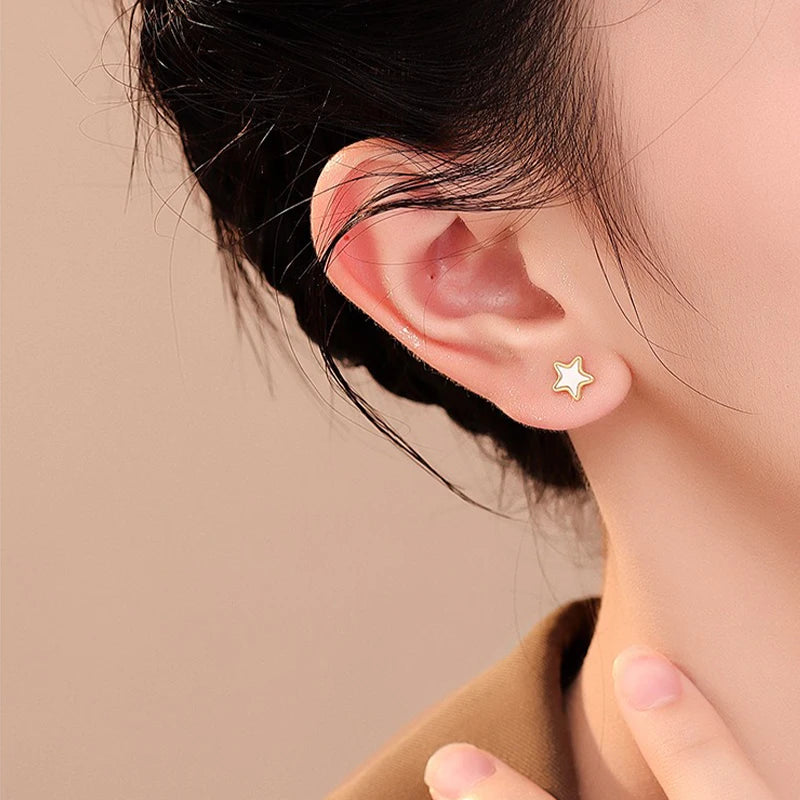 TrustDavis 925 Sterling Silver Women's Fashion Simple White Mother-of-pearl Star Earrings for Women Girls Jewelry Gift DS4664