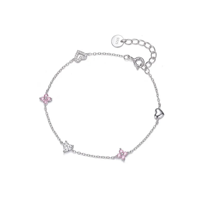 Pink Flower Heart Zircon Silver Necklace DS4863
