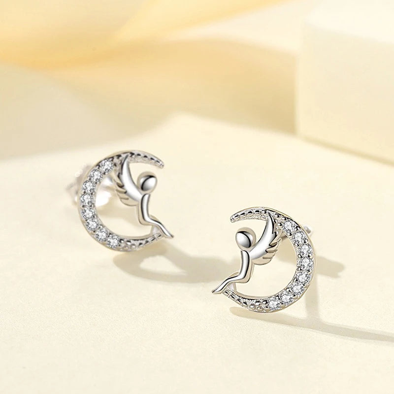 TrustDavis 925 Sterling Silver Women's Moon Stud Earrings Fashion Simple Moon Angel Earrings for Women Girls Jewelry Gift DS4276
