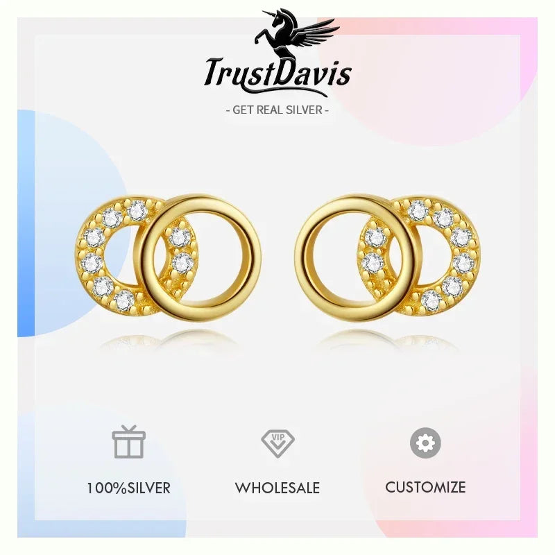 Trustdavis Real 925 Sterling Silver Minimalist Round Zircon Stud Earrings for Women Wedding Party Fine S925 Jewelry DA3221