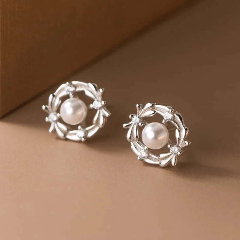 Trustdavis Girls 925 Sterling Silver Fashion Pearl Zircon Stud Earrings for Women Girls Wedding Party S925 Jewelry DS4560