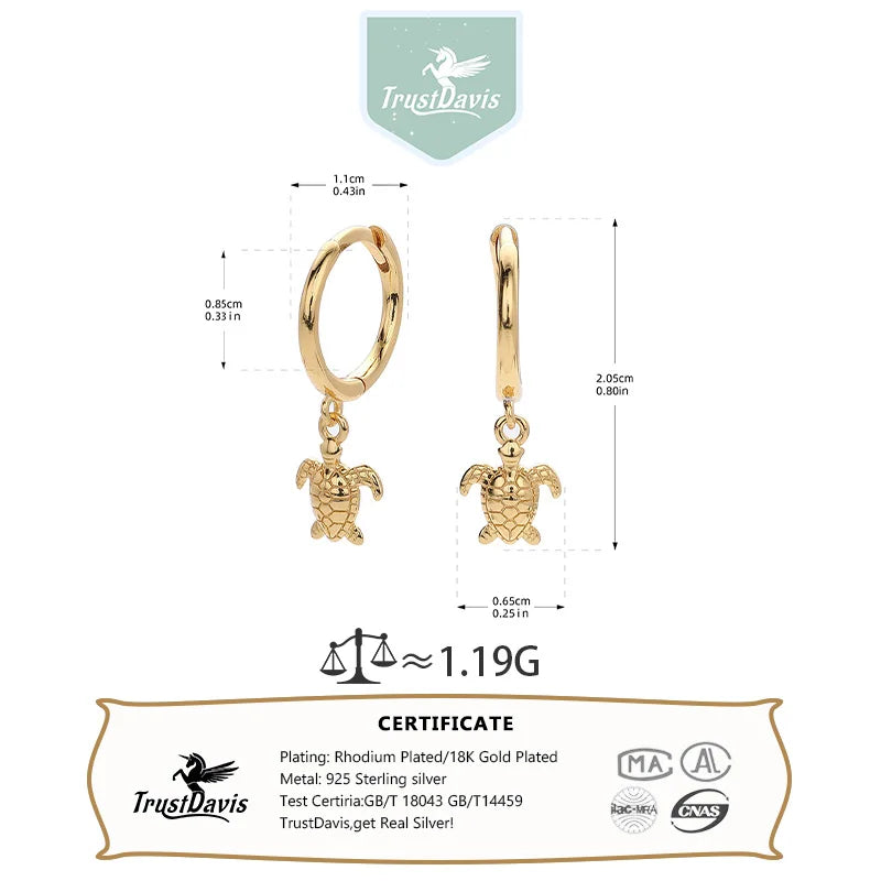 TrustDavis Real 925 Sterling Silver Women's Fashion and Simple Marine Animal Turtle Drop Earrings for Women Gift Jewelry DS4461