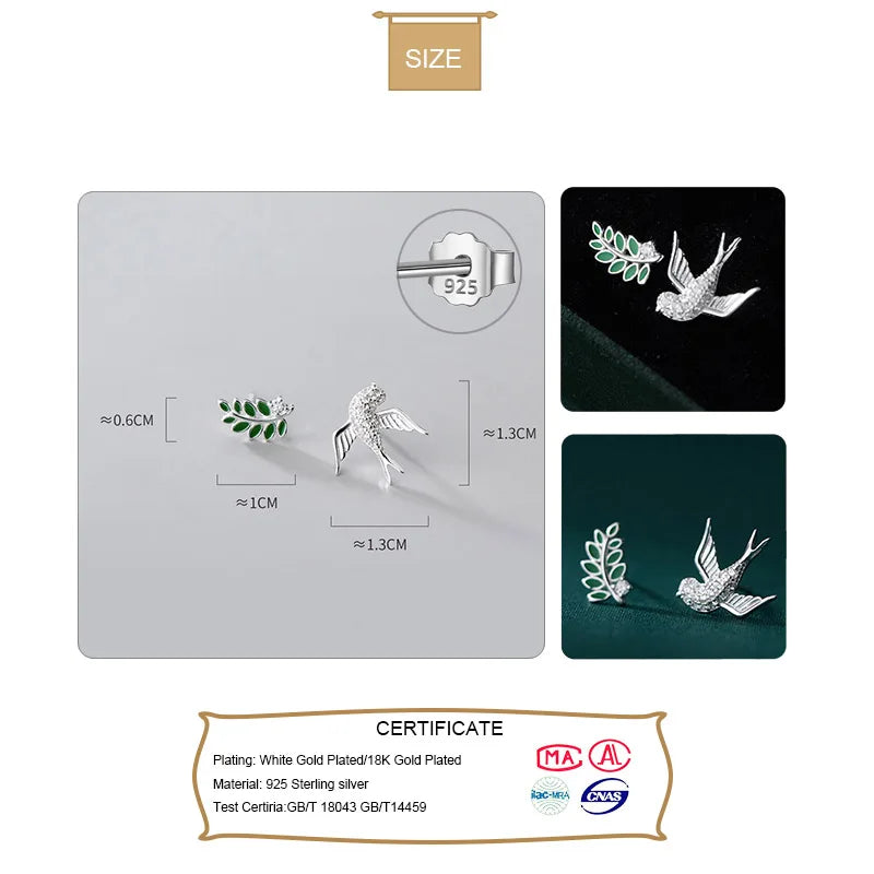 Sweet Asymmetric Bird Branch CZ Charm Stud Earrings DB422
