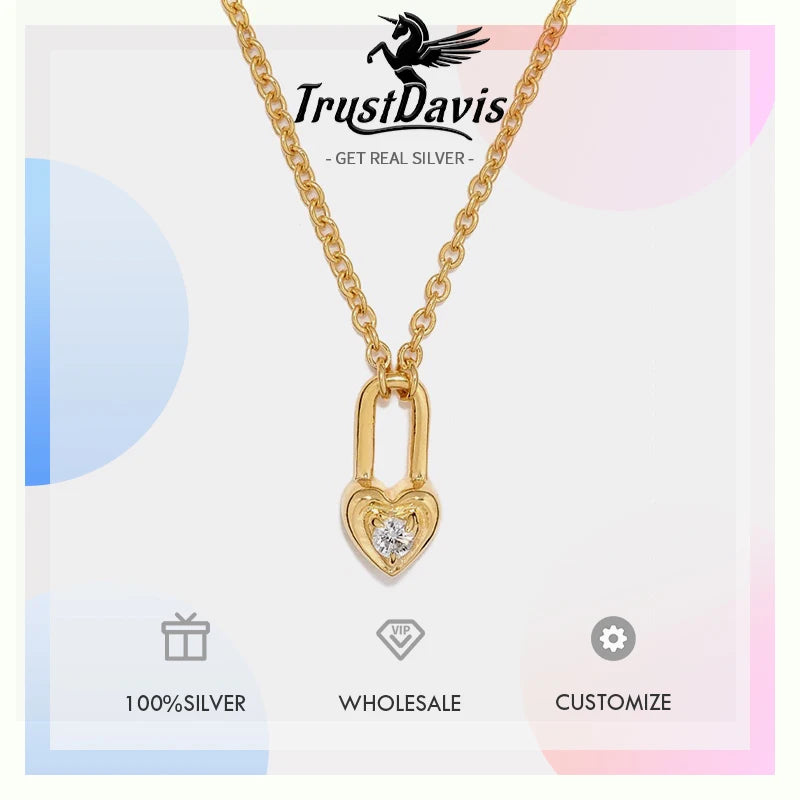 TrustDavis Real 925 Sterling Silver Women's Fashion Simple Zircon Heart Lock Necklace for Women Girls Jewelry Gift DS4457