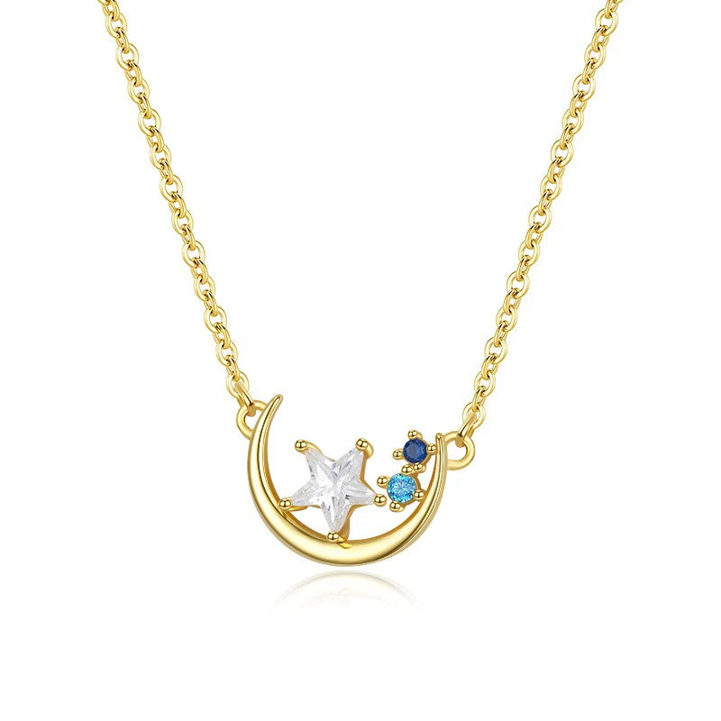 TrustDavis 925 Sterling Silver Women's Fashion Star and Moon Colored Zircon Pendant Necklace for Women Girls Jewelry Gift DS4436