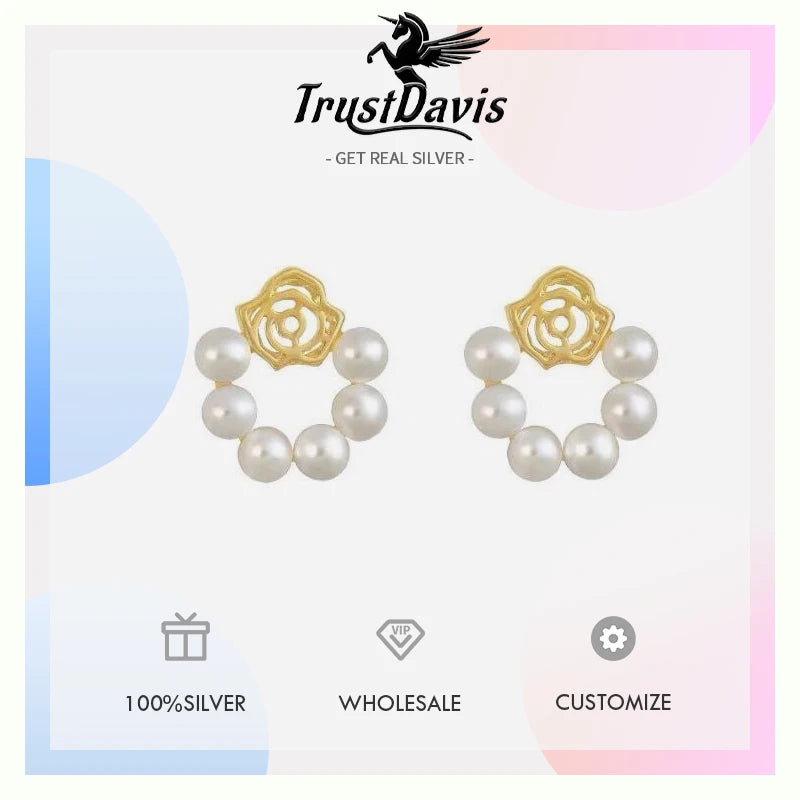 TrustDavis 925 Sterling Silver Women's Rose Earrings Fashion Vintage Pearl Rose Earrings for Women Girls Jewelry Gift DS4306