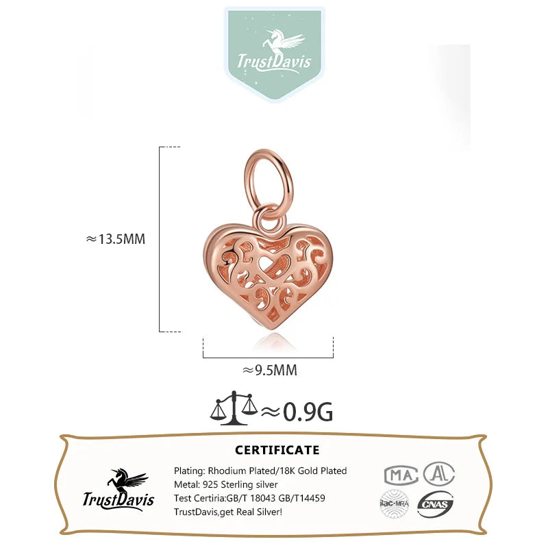 TrustDavis 925 Sterling Silver Fashion Cute Hollow Pattern Heart Pendant DIY Necklace Bracelet Accessories Fine Jewelry DZ1848