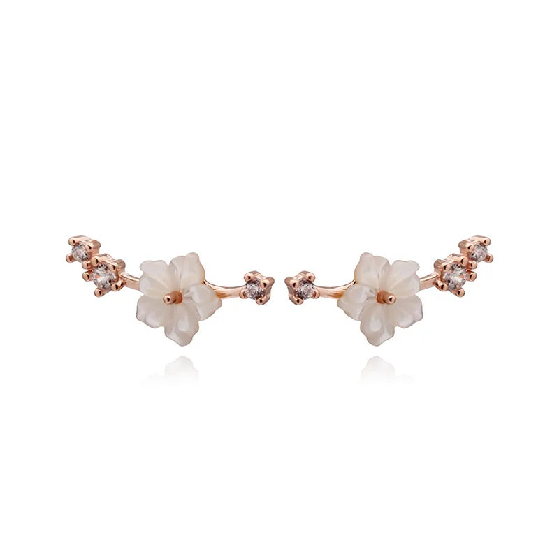 TrustDavis S925 Sterling Silver Fashion Sweet Shell Flower Shiny CZ Stud Earring For Women Wedding Party Birthday Present DS828