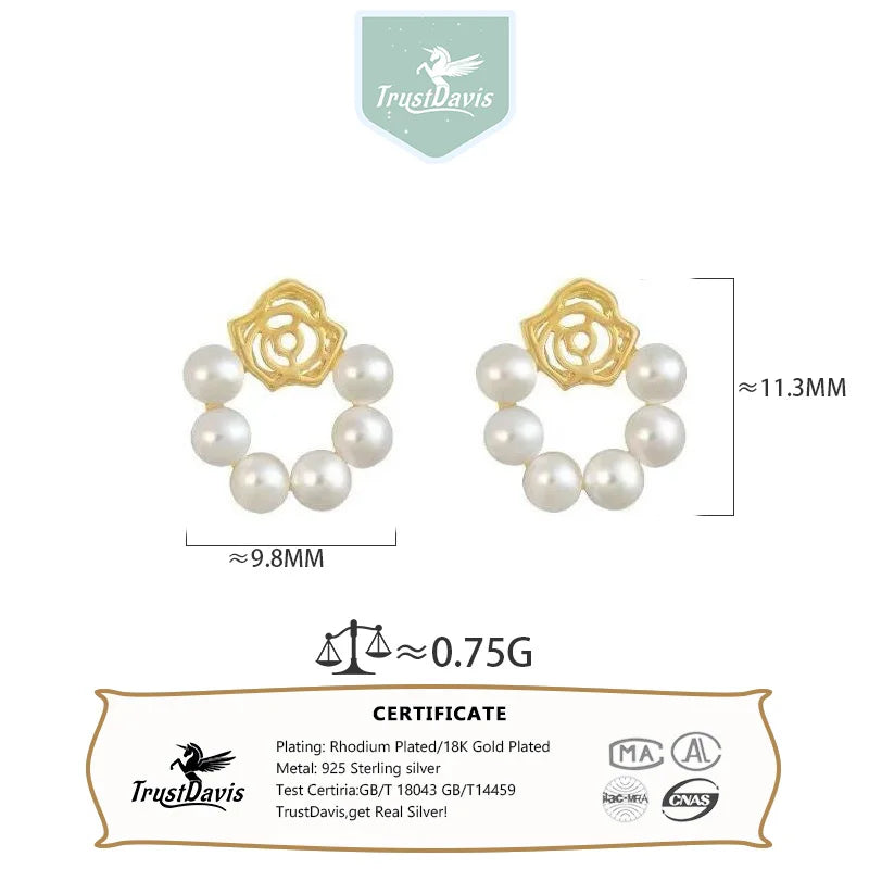 TrustDavis 925 Sterling Silver Women's Rose Earrings Fashion Vintage Pearl Rose Earrings for Women Girls Jewelry Gift DS4306