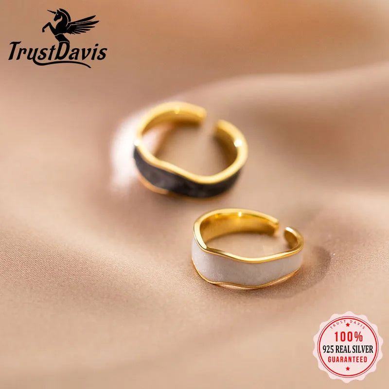 TrustDavis Real 925 Sterling Silver Fashion Glaze Irregular Wave Opening Ring For Women Wedding Birthday Present Jewelry DB1374