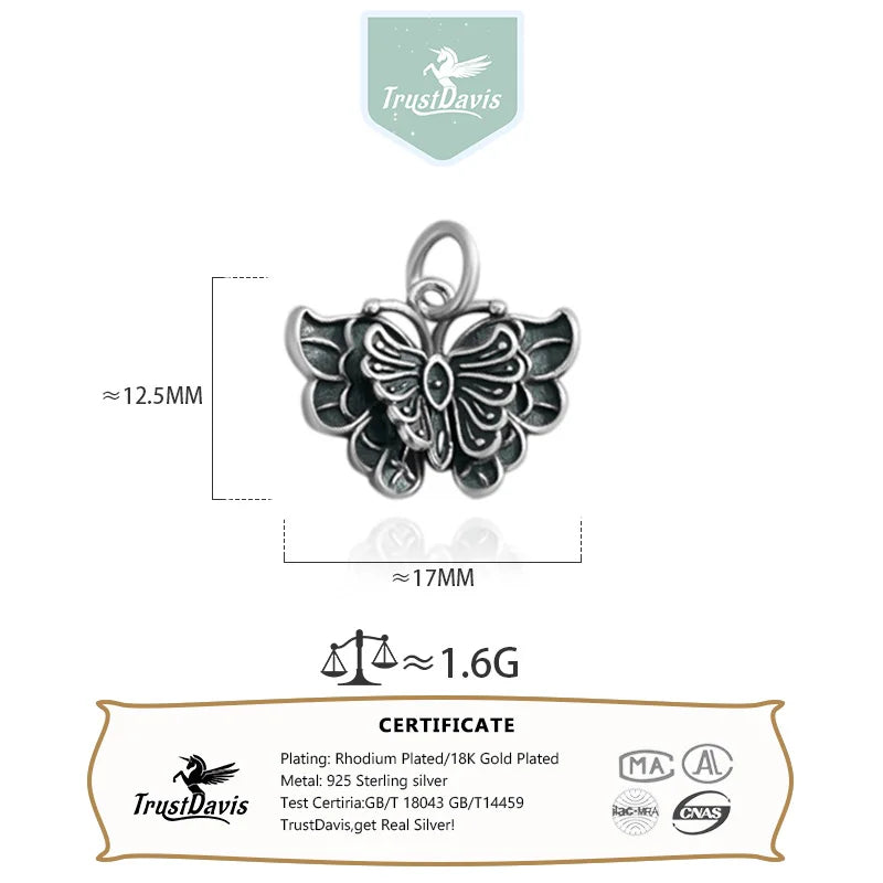 TrustDavis Real 925 Sterling Silver Retro Stereo Butterfly Charm Pendant Handmade DIY Accessories Fine Jewelry Wholesale DZ1740