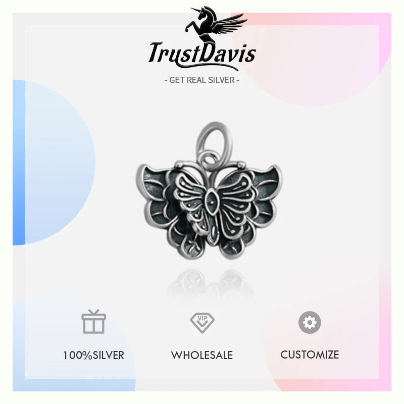 TrustDavis Real 925 Sterling Silver Retro Stereo Butterfly Charm Pendant Handmade DIY Accessories Fine Jewelry Wholesale DZ1740