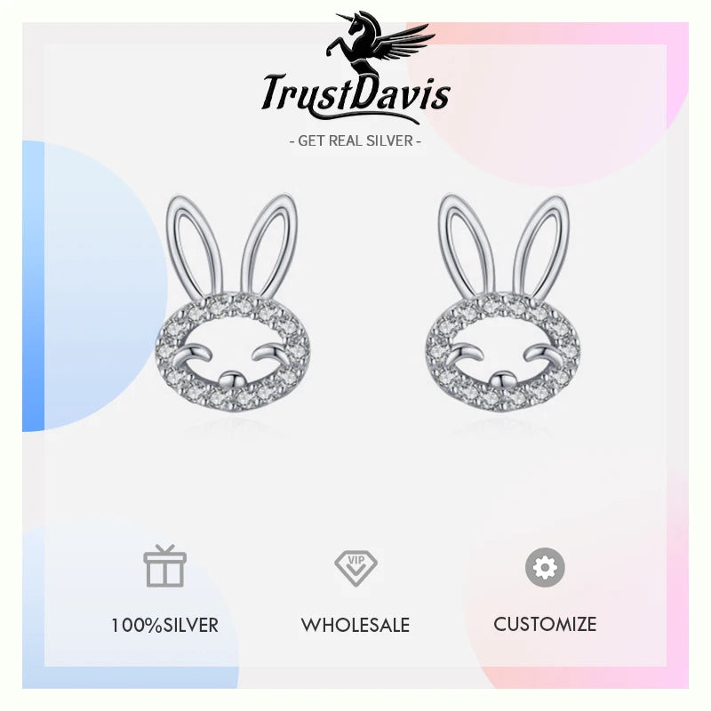 TrustDavis 925 Sterling Silver Women's Simple Sweet Bunny Hollow with Zircon Stud Earrings for Women Girls Jewelry Gift DS4262