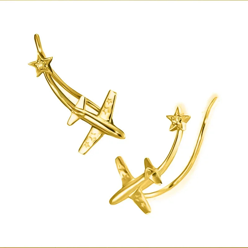 Real 925 Sterling Silver Fashion Plane Star Ear Hook Charm Stud Earrings H072