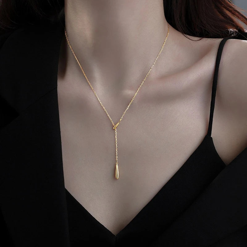 TrustDavis 925 Sterling Silver Women's Fashion Tassel Water Drop Y Adjustable Necklace for Women Girls Jewelry Gift DS4313