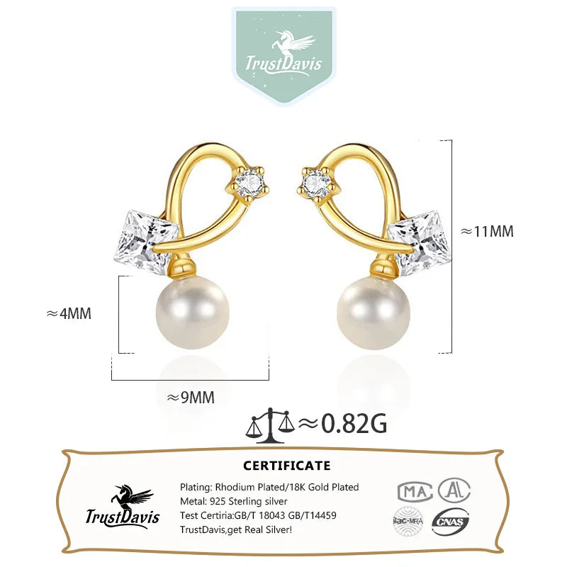 TrustDavis 925 Sterling Silver Women's Earrings Fashion Square Zirconia Pearl Cross Earrings for Women Girls Jewelry Gift DS4360