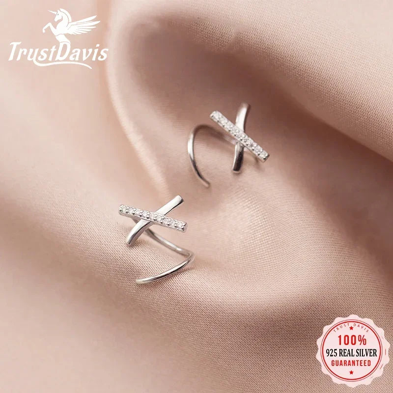 Trusta Fashion 925 Sterling Silver X Letter Dazzling CZ Ear Bones Ear Buckle Ring Tightly Packed Mini Double Ring Earring DS2489
