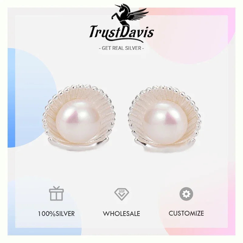 Trustdavis Real 925 Sterling Silver Fine Pearl Shells Screw Stud Earrings Women Daughter Birthday Party Gift Jewelry DS4327