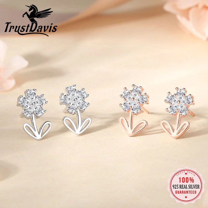 TrustDavis 925 Sterling Silver Women's Fashion Sweet Flower Zirconia Stud Earrings for Women Girls Jewelry Gift DS4294