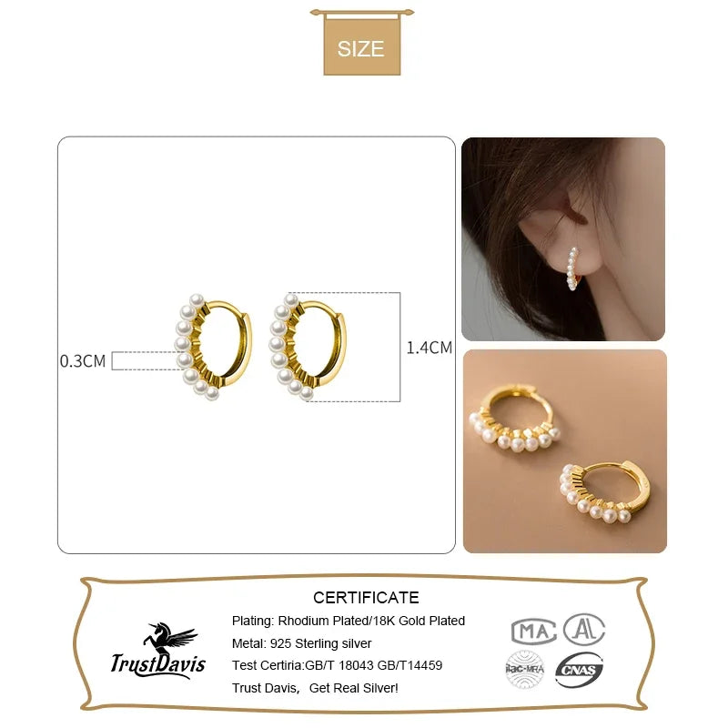 TrustDavis Real 925 Sterling Silver Hoop Earrings For Women Wedding Christmas Synthesis Pearl Gold Fine Silver Jewelry DA2819