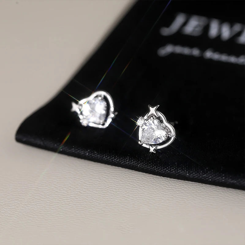TrustDavis Real 925 Sterling Silver Heart Shaped Earrings Four-pointed Star Heart Zircon Earrings for Women Gift Jewelry DS4205