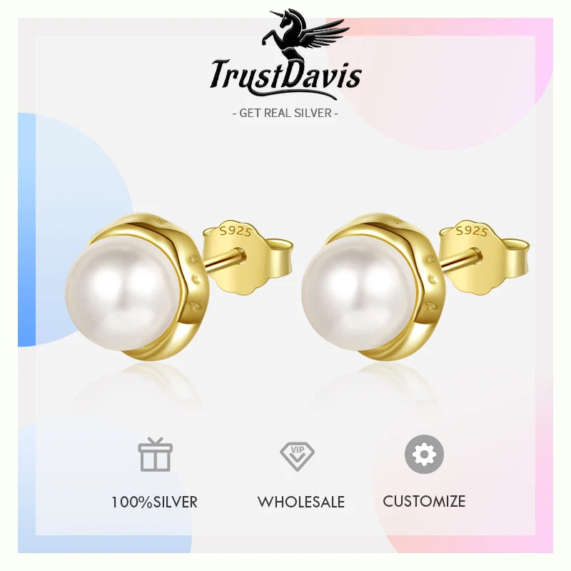 TrustDavis Real 925 Sterling Silver Sweet Natural Freshwater Pearl Stud Earrings For Daughter Girls Birthday Gift Jewelry DE0308