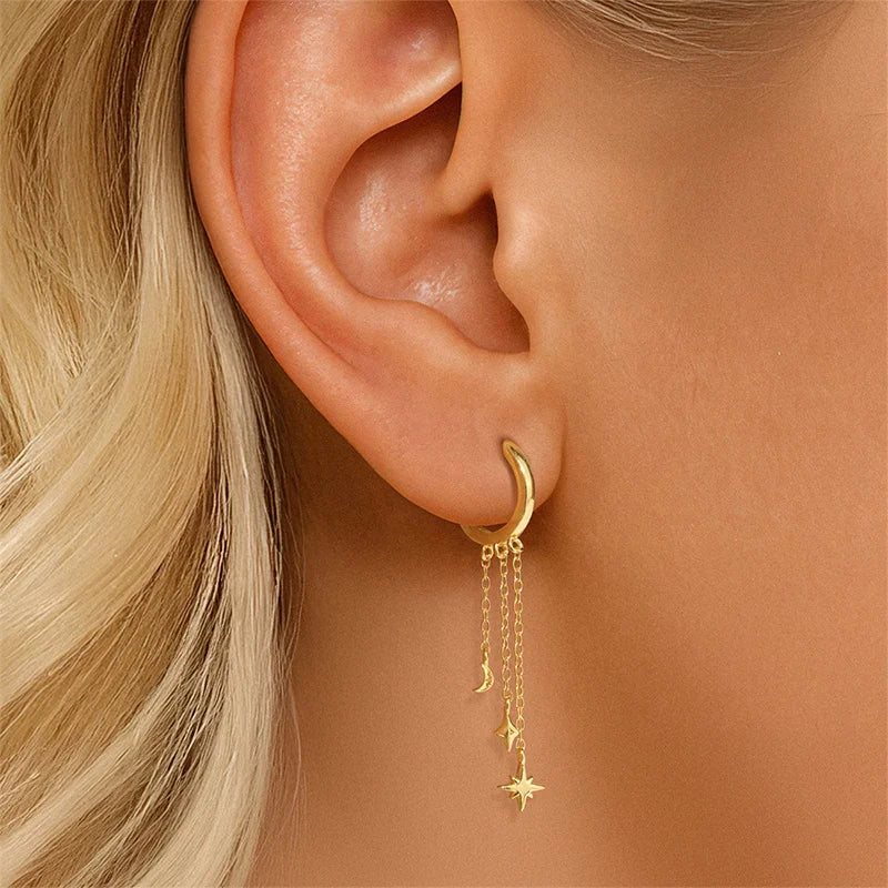 Star and Moon Diamond-Studded Tassel Earrings DS4833