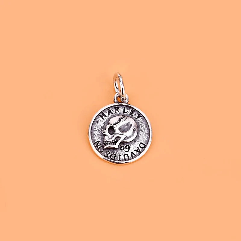 TrustDavis Real 925 Sterling Silver Fashion Retro Skull Head Round Card Charm Pendant Handmade DIY Accessories Jewelry HY044