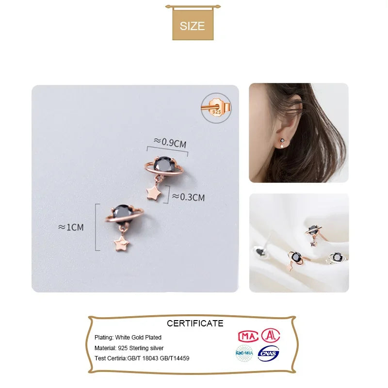 Black CZ Stone Star Planet Stud Earrings DA788