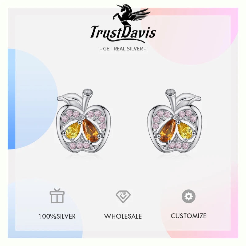 TrustDavis 925 Sterling Silver Women's Fashion Cute Apple Multicolor Zirconia Earrings for Women Girl Jewelry Gift DS4305