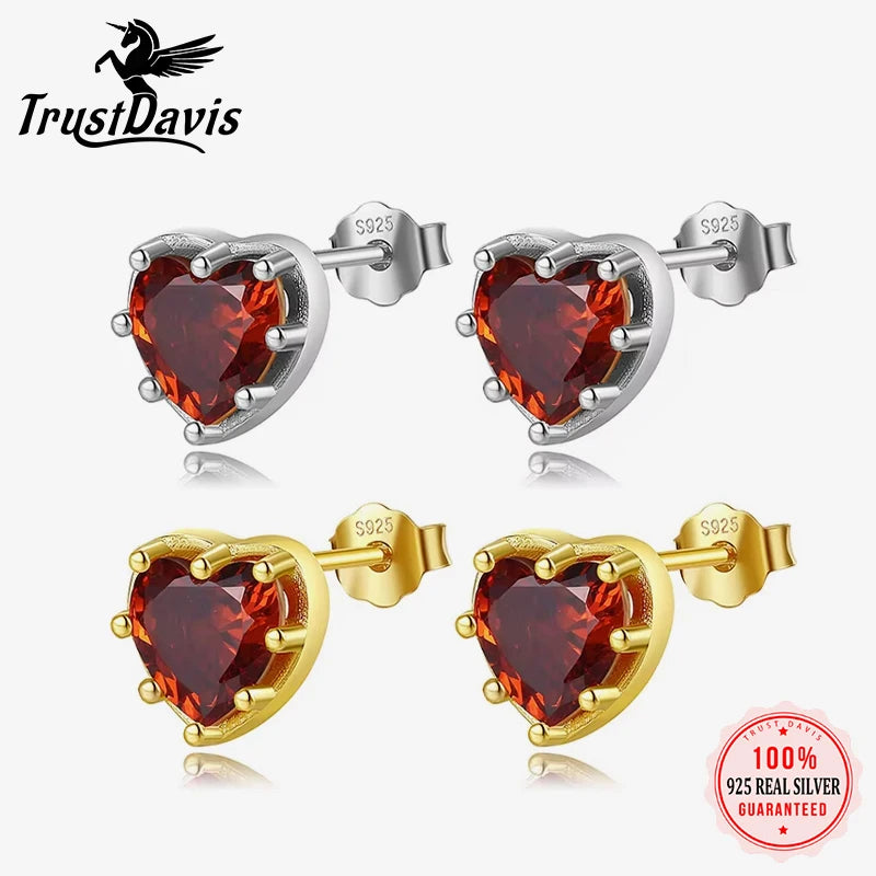 TrustDavis 925 Sterling Silver Fashion Women's Jewelry Romantic Red Heart With CZ Stud Earring Gift For Girls Kids Lady DB1236