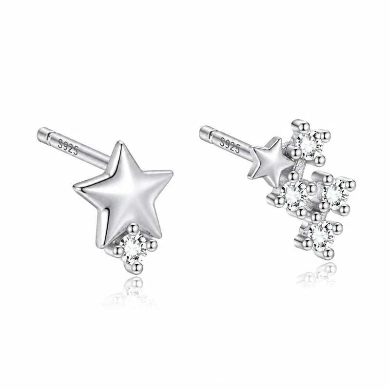 Real 925 Sterling Silver Asymmetrical Star Stud Earrings DS4957