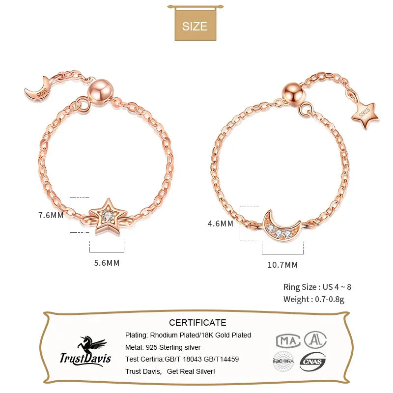 TrustDavis Real 925 Sterling Silver Fashion Moon Star CZ Chain Ring Sizable For Women Wedding Birthday Party Fine Jewelry DA2050