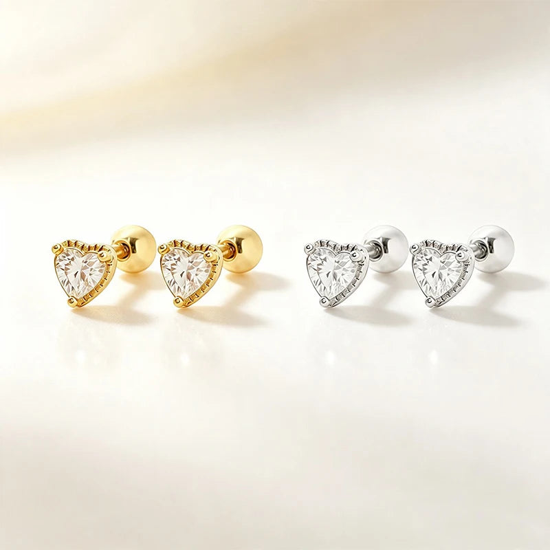 Heart-shaped Zircon Screw Earrings for Women Daily Wear Jewelry Gift DS4989