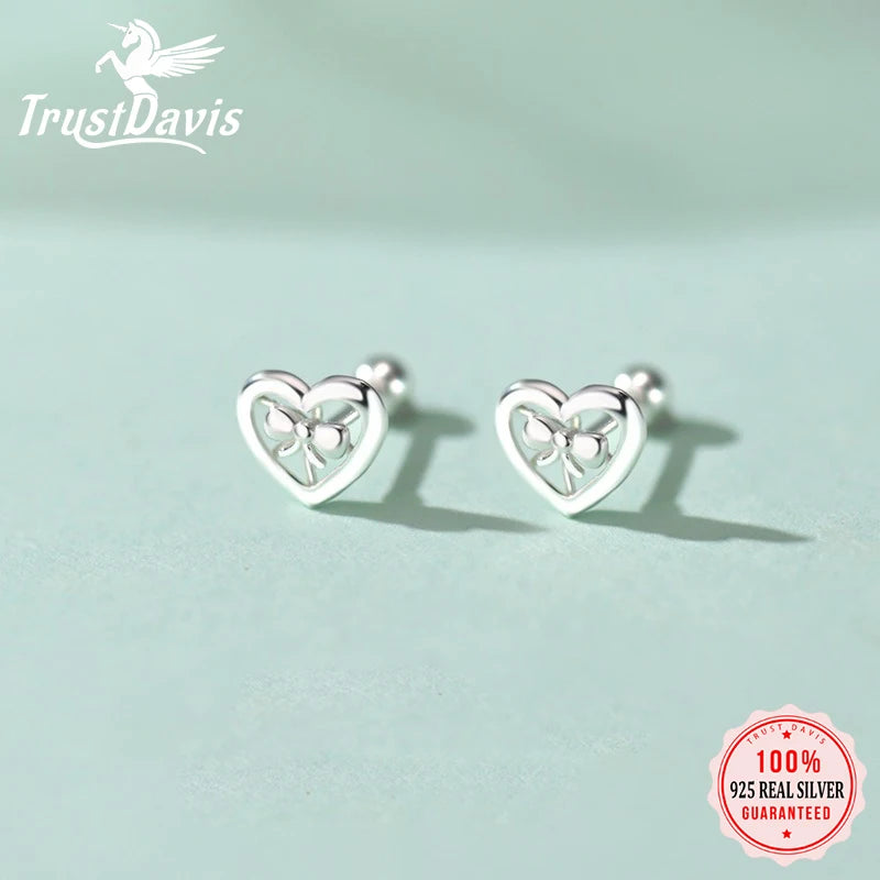 TrustDavis 925 Sterling Silver Women's Fashion Simple Heart-Shaped Bow Screw Earrings for Women Girls Jewelry Gift DS4418
