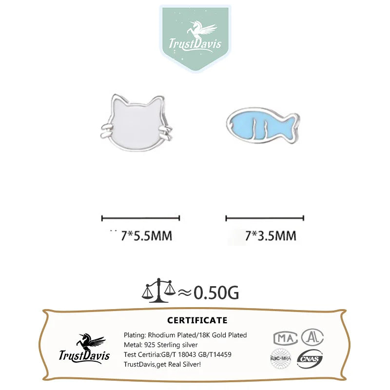 TrustDavis Real 925 Sterling Silver Fashion Sweet and Cute Cat and Fish Earrings for Women Girls Gift Fine Jewelry DS4684
