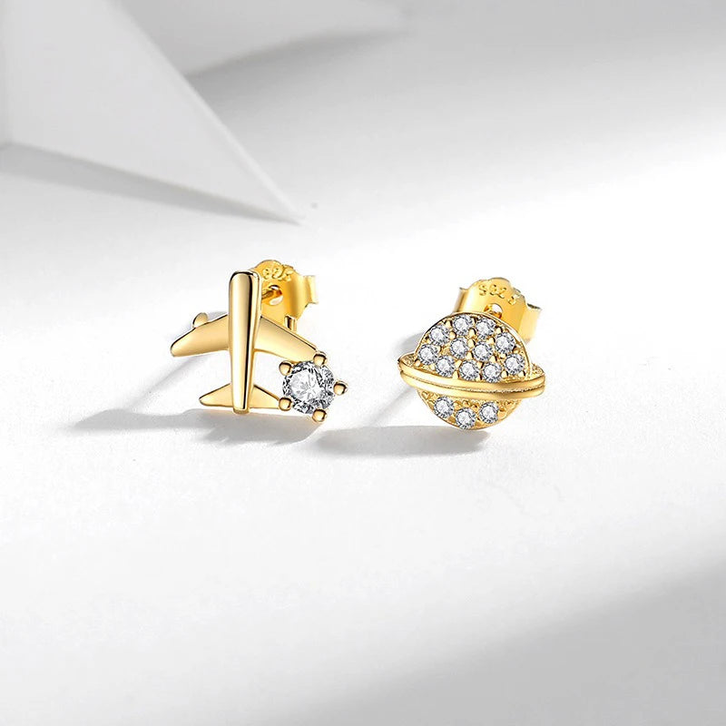 TrustDavis 925 Sterling Silver Women's Fashion Simple Planet and Airplane Earring for Women Girls Birthdays Jewelry Gift DS4692