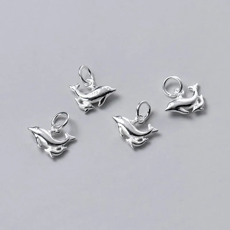 TrustDavis Real 925 Sterling Silver Fashion Sweet Double Dolphins Charm Pendant Handmade DIY Accessories Fine Jewelry DZ202