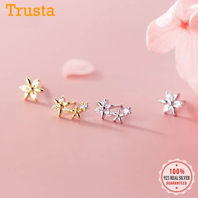 TrustDavis 925 Sterling Silver Fashion Asymmetric Flower Shiny CZ Stud Earrings for Women Wedding Party Earring Jewelry DA1018